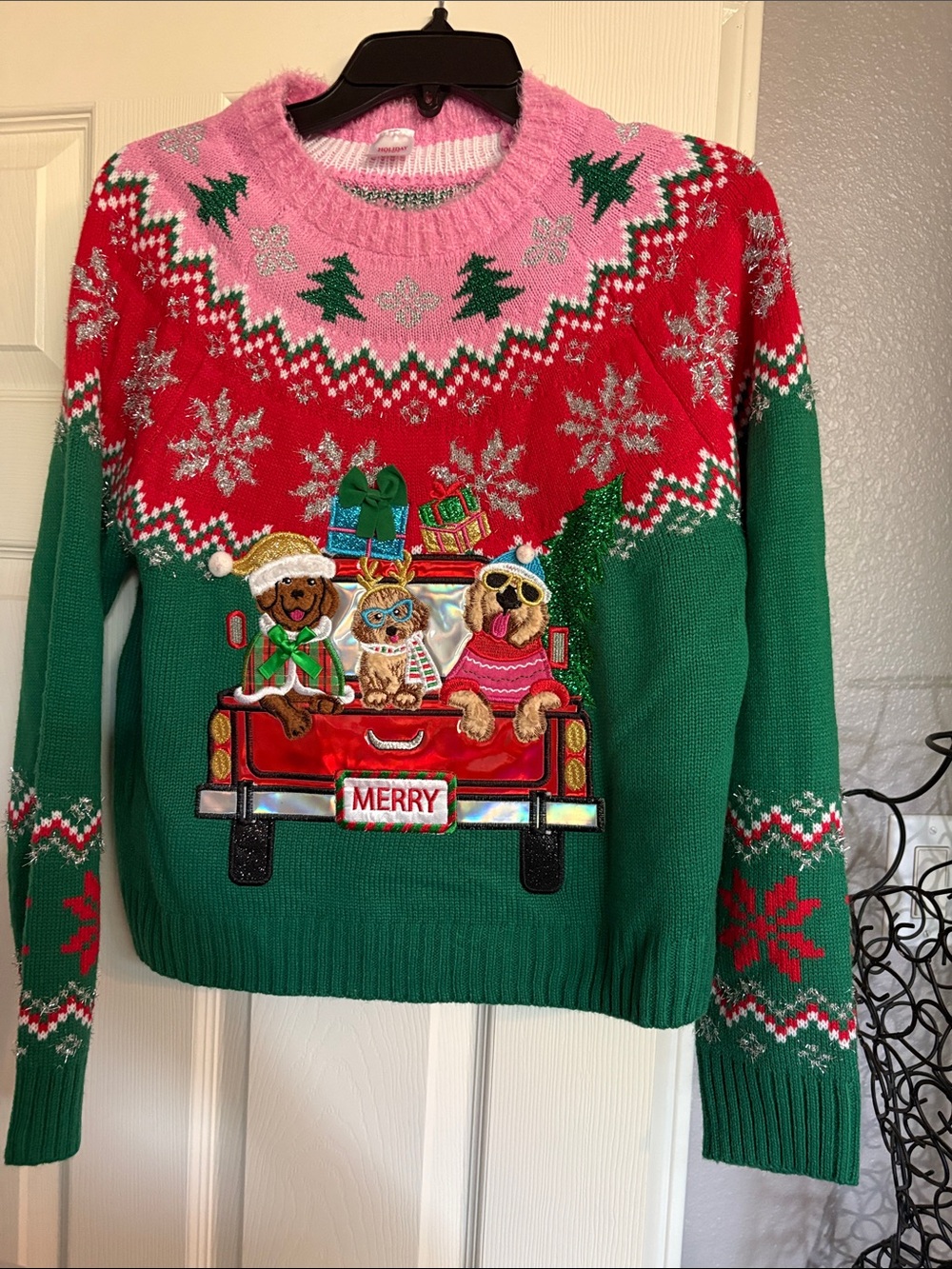 Merry Holiday Green & Red Women’s Sweater with Pink Yoke